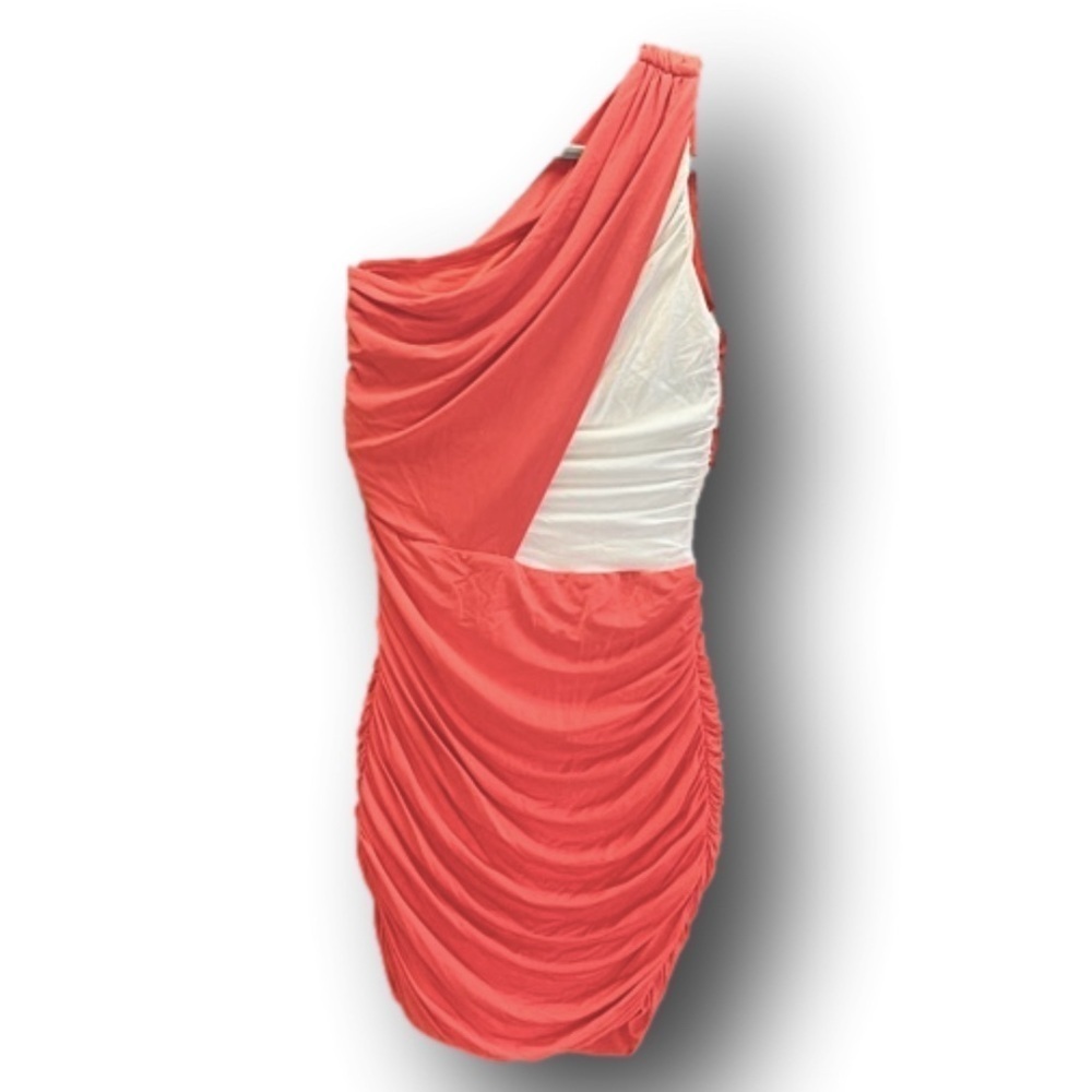 Bebe Coral & White Ruched One Shoulder Bodycon Dress XS